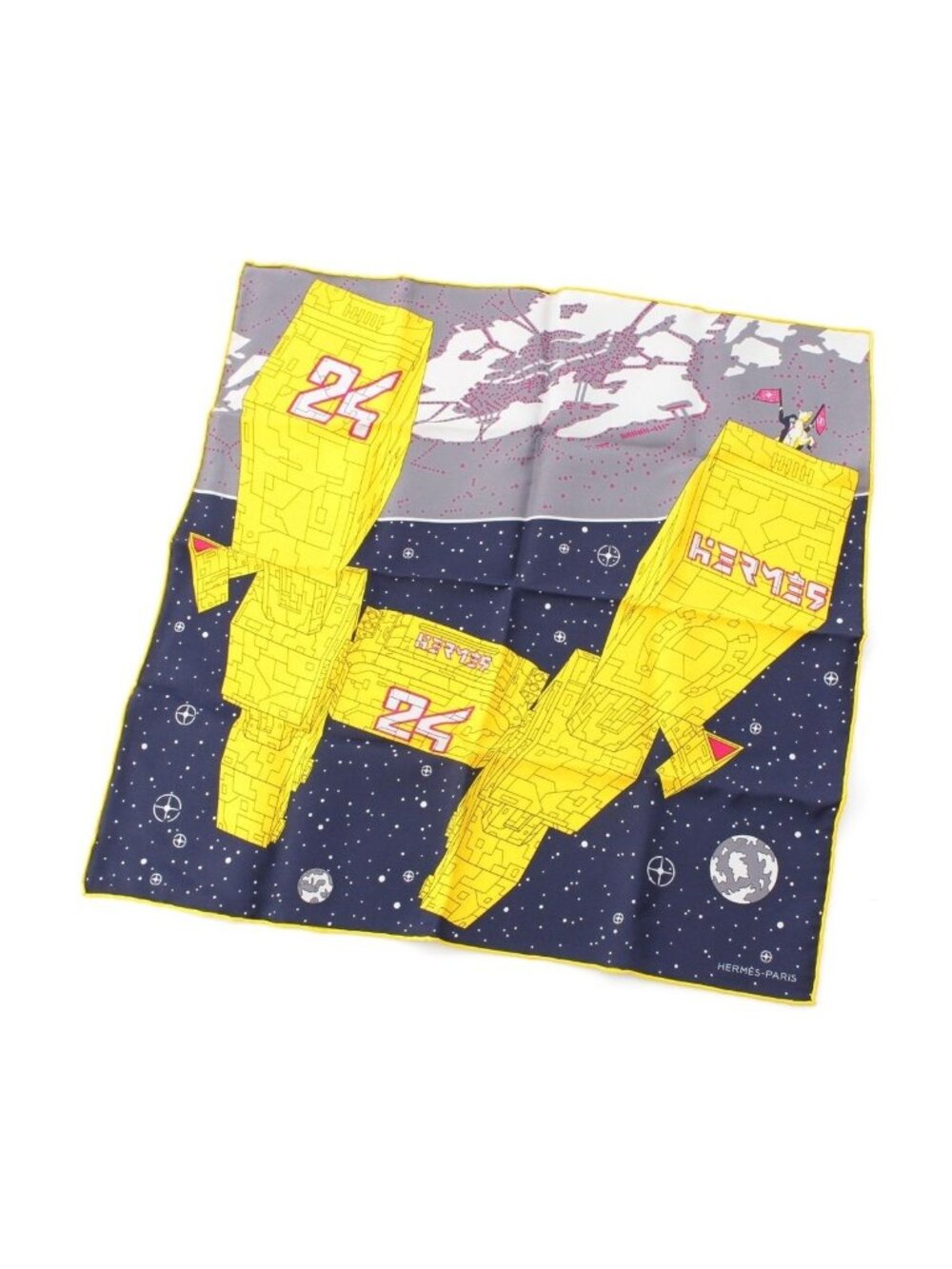 Hermes Carre 40 Petit Silk Odyssey All Over Print Scarf Navy Yellow